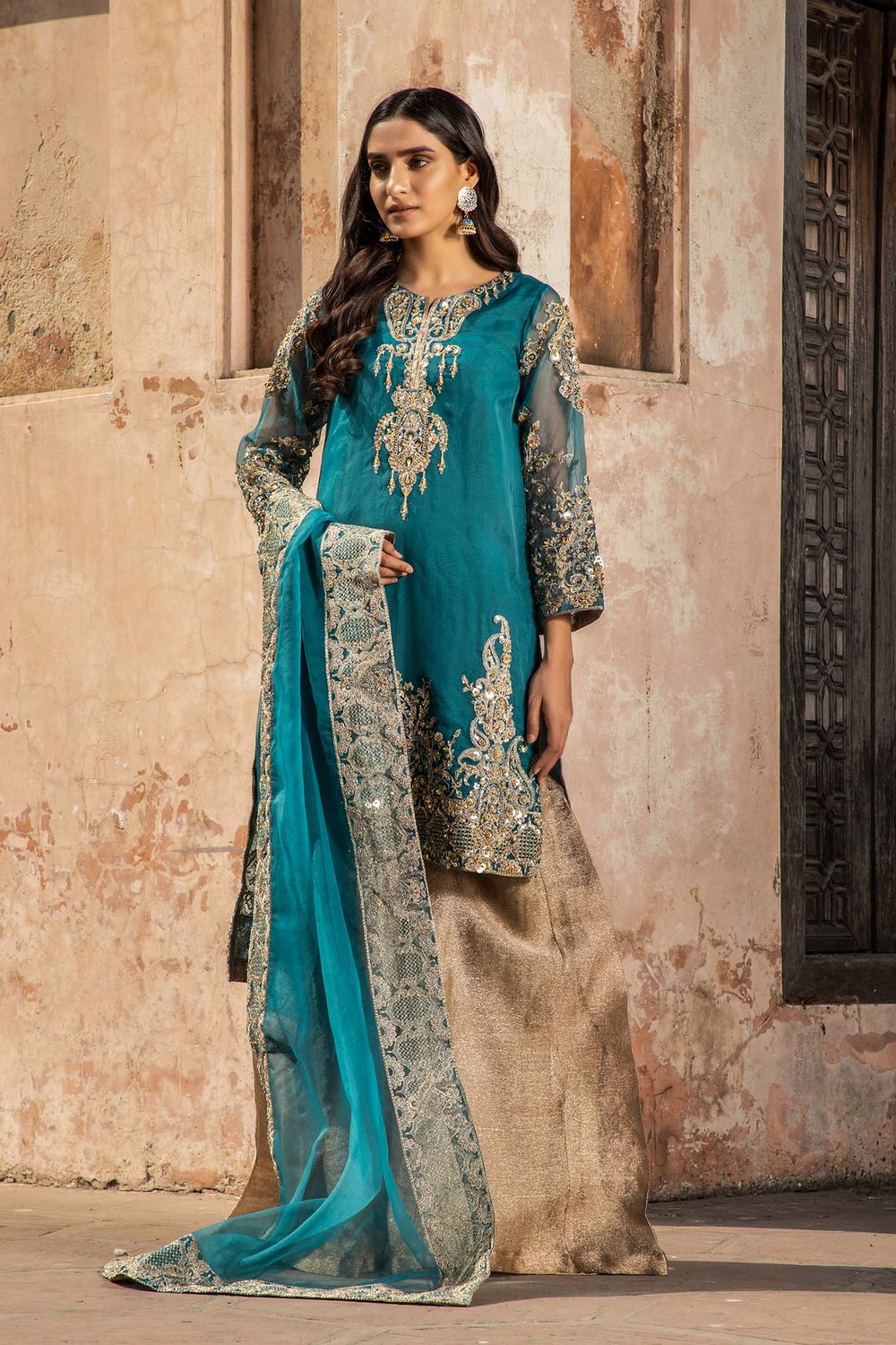 Teal Embroidered Organza Pakistani Suit Online in Dubai UAE Abudhabi Ajman Sharjah