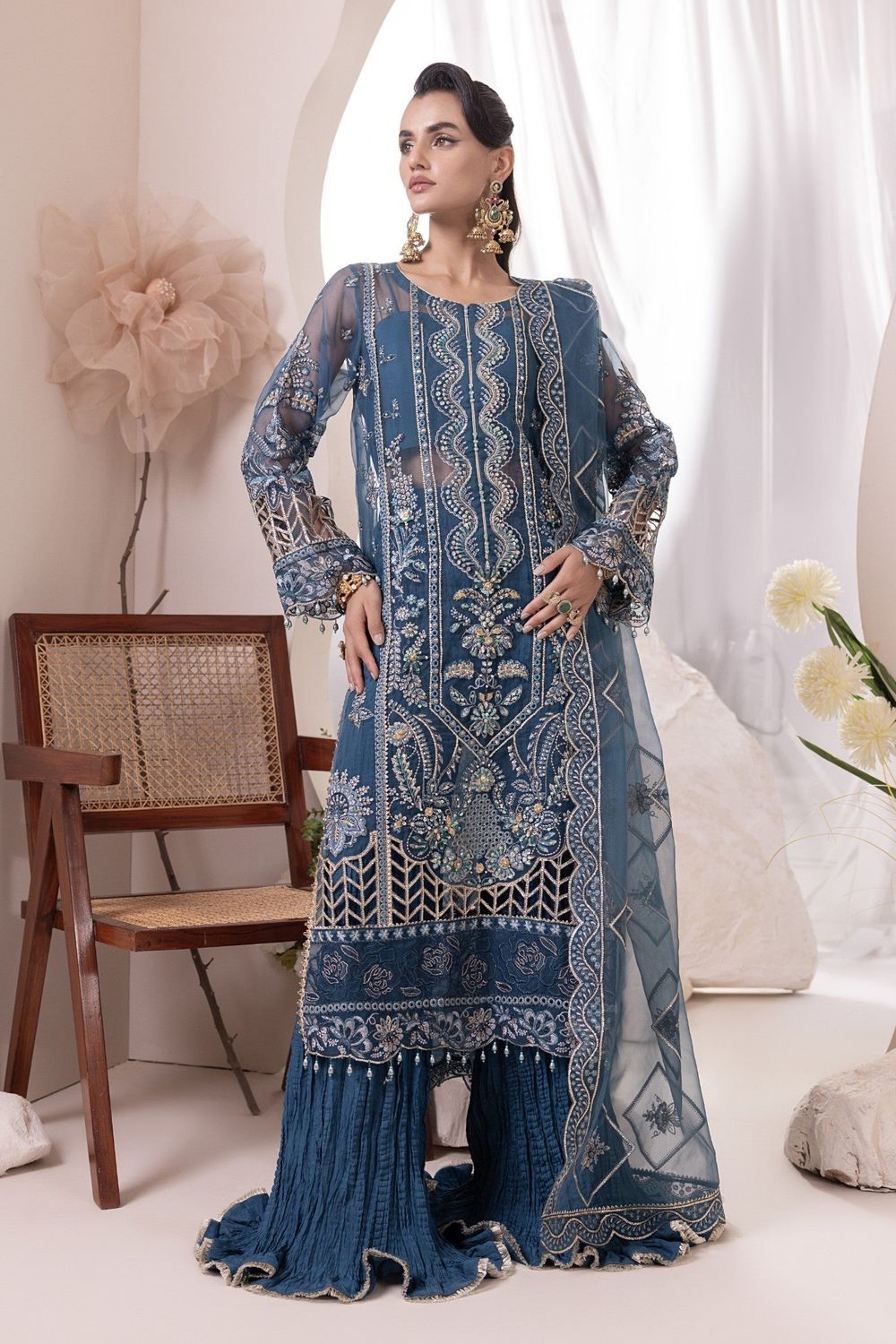 Teal Embroidered Organza Partywear Suit Online in Dubai UAE Abudhabi Ajman Sharjah