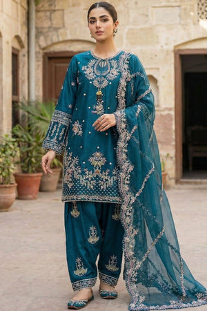 Teal Embroidered Raw Silk Farshi Shalwar Online in Dubai UAE Abudhabi Ajman Sharjah