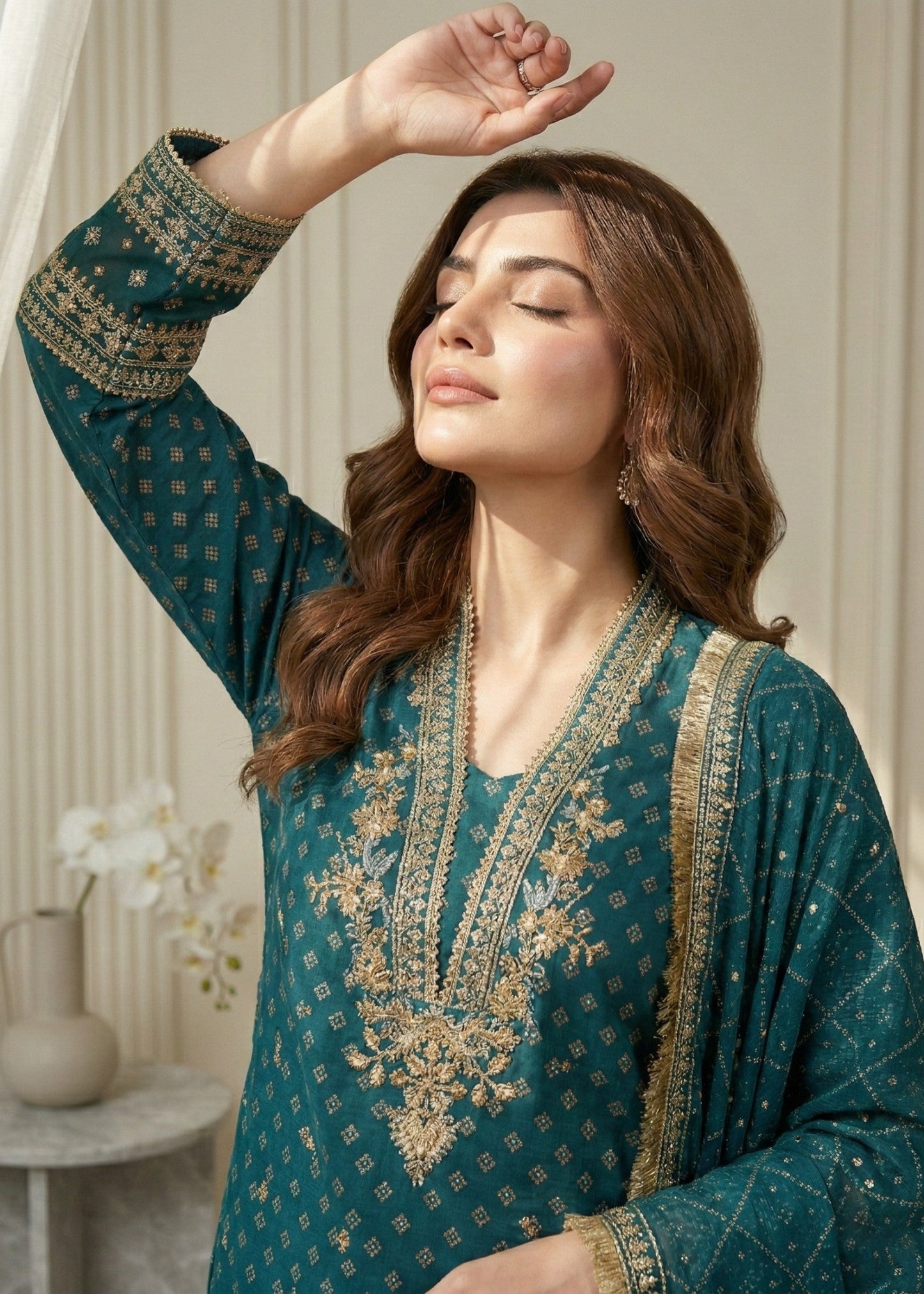 Teal Embroidered Raw Silk Farshi Shalwar Online in UK USA Canada