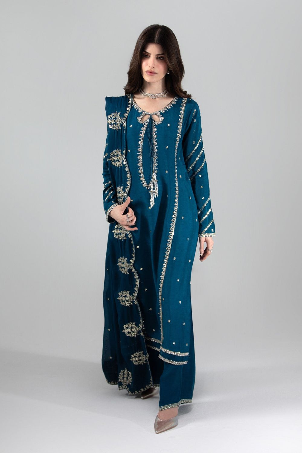 Teal Embroidered Raw Silk Pakistani Suit Online in Dubai UAE Abudhabi Ajman Sharjah