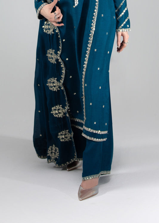Teal Embroidered Raw Silk Shalwar Kameez Online in Sri Lanka India Australia