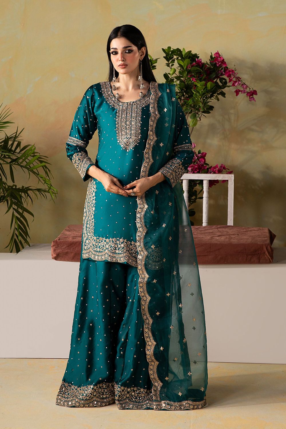 Teal Embroidered Silk Charmeuse Farshi Shalwar Suit Online in Dubai UAE Abudhabi Ajman Sharjah