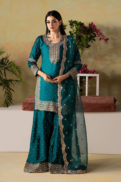 Teal Embroidered Silk Charmeuse Farshi Shalwar Suit Online in Dubai UAE Abudhabi Ajman Sharjah