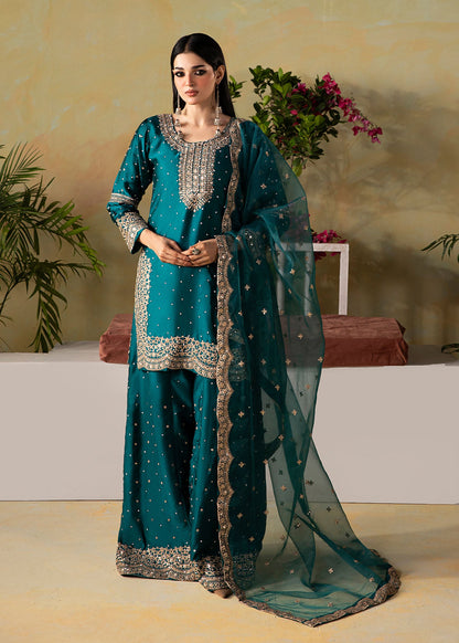 Teal Embroidered Silk Charmeuse Festive Wear Suit Online in Dubai UAE Abudhabi Ajman Sharjah