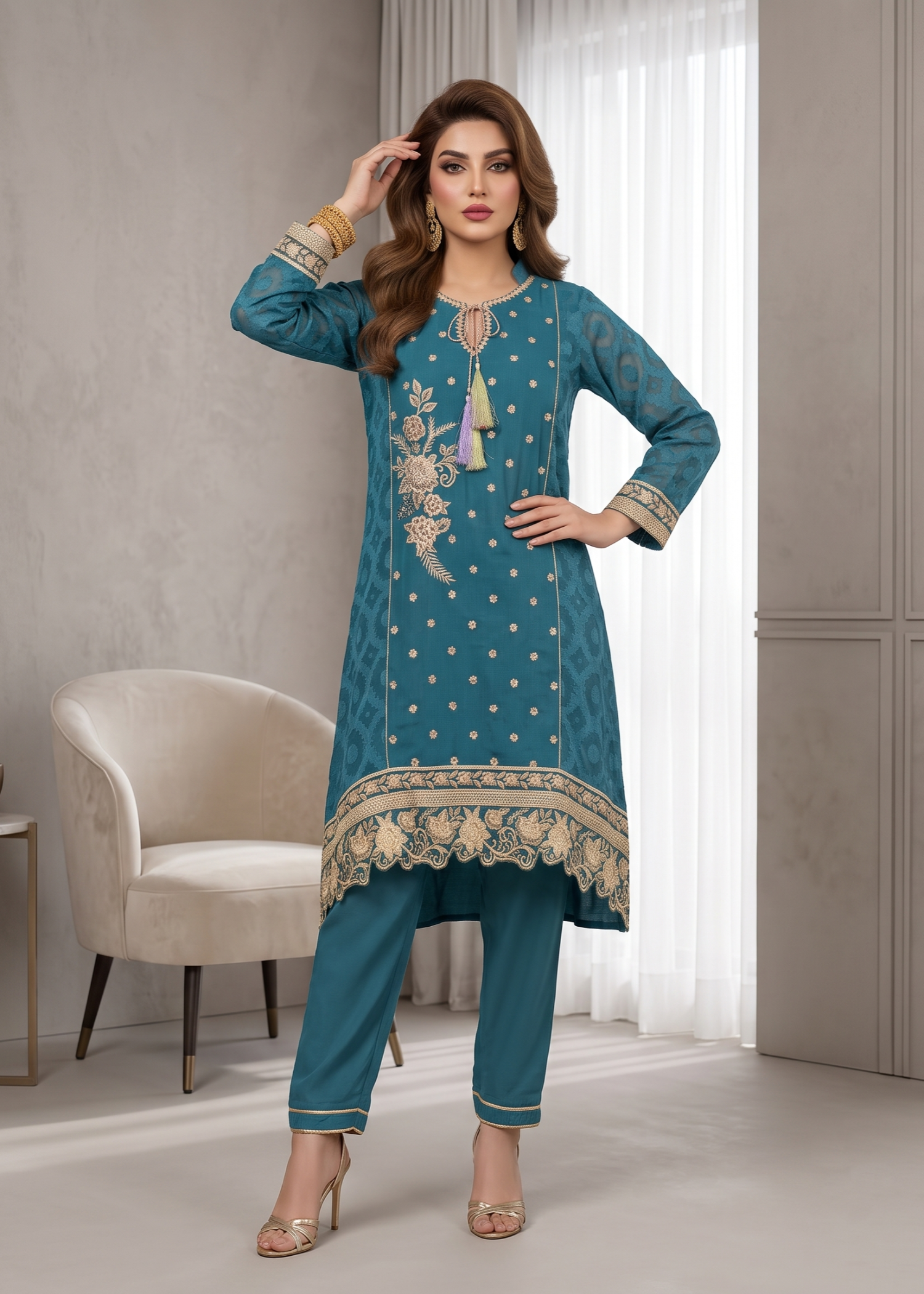 Teal Festive Jacquard Salwar Kameez Online in UK USA Canada