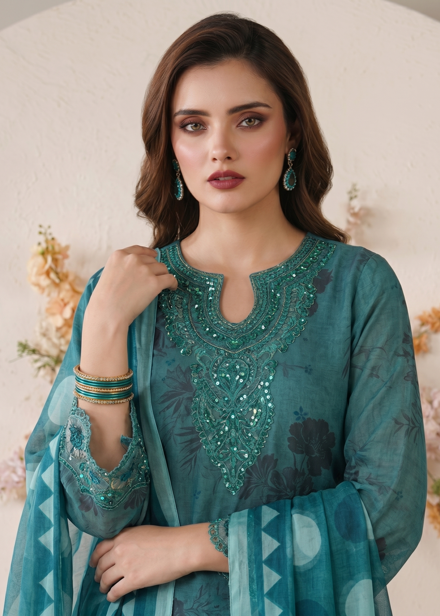 Teal Flared Gharara Lawn Dress Material Online in Dubai UAE Abudhabi Ajman Sharjah