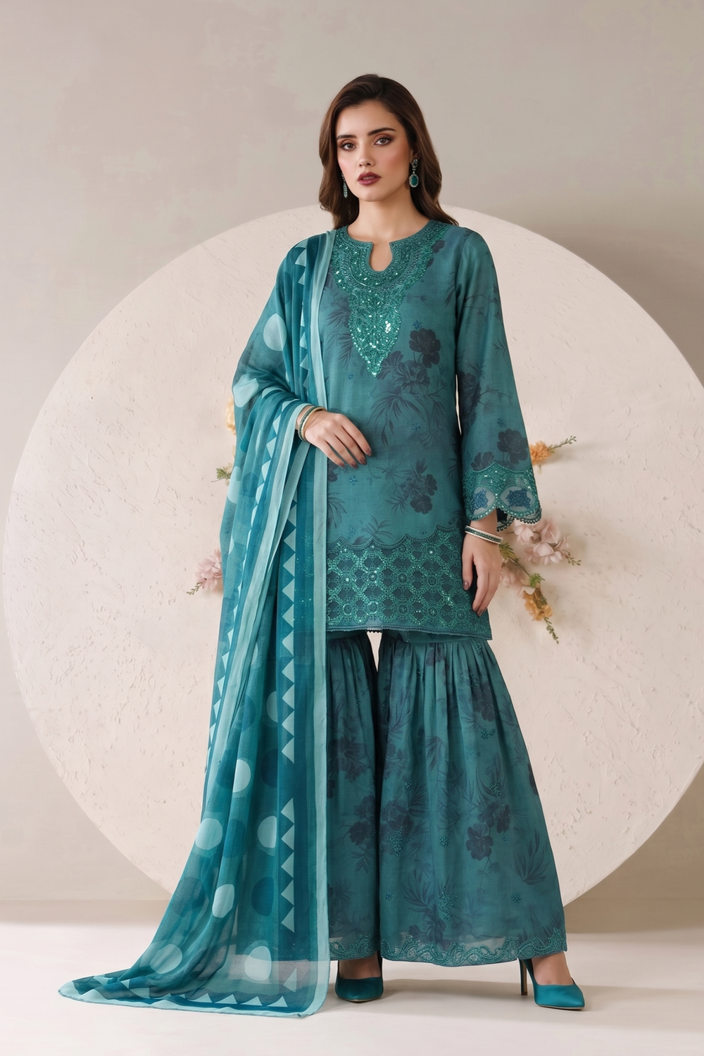 Teal Flared Gharara Lawn Suit with Silk Dupatta Online in Dubai UAE Abudhabi Ajman Sharjah