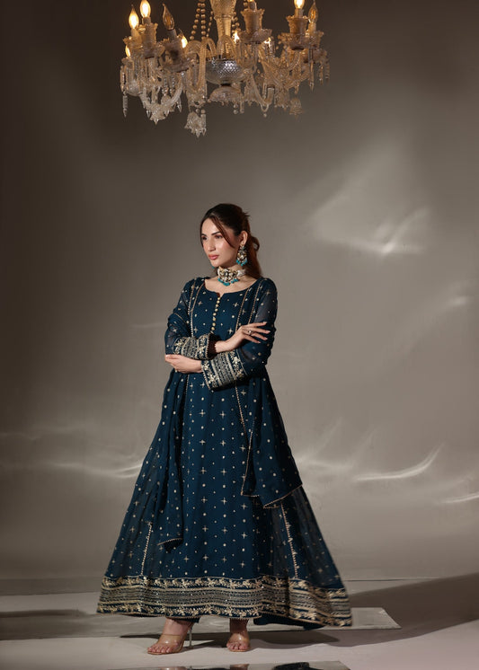 Teal Flared Pishwas Chiffon Dupatta Set Online in Dubai DXB UAE Abudhabi Meena Bazaar