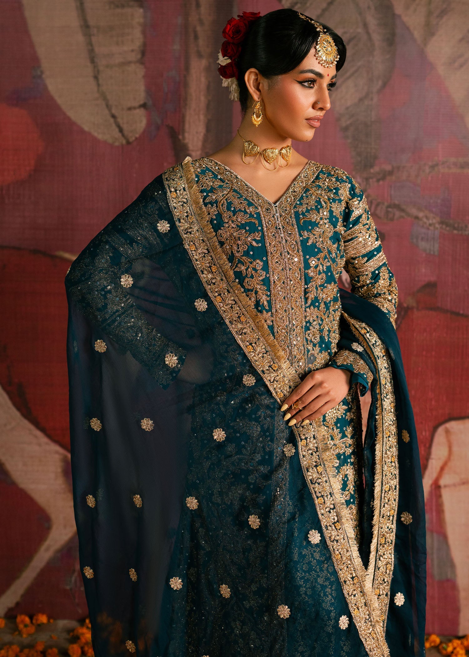 Teal Floral Embroidered Chiffon Pakistani Suit Online in Sri Lanka India Australia