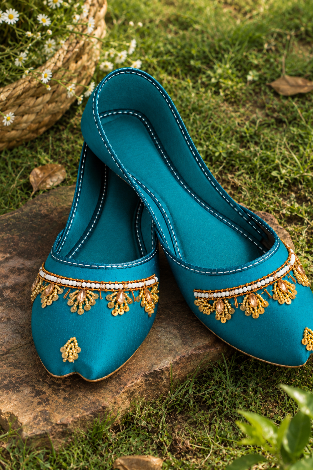 Teal Golden Embroidered Rexine Khussa Online in Dubai UAE Abudhabi Ajman Sharjah
