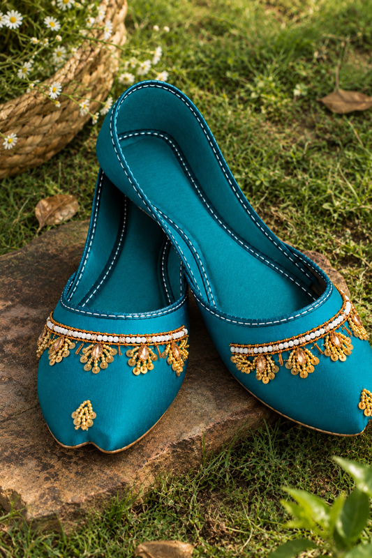 Teal Golden Embroidered Rexine Khussa Online in Dubai UAE Abudhabi Ajman Sharjah
