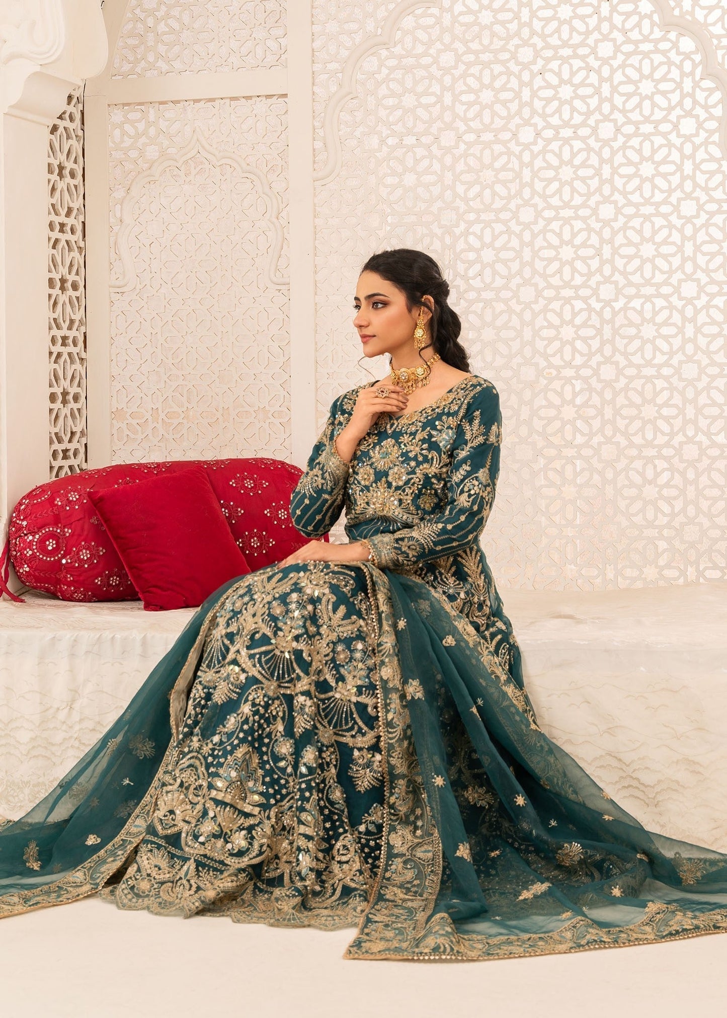 Teal Green Embroidered Raw Silk Trouser Organza Dupatta Online in Sri Lanka India Australia