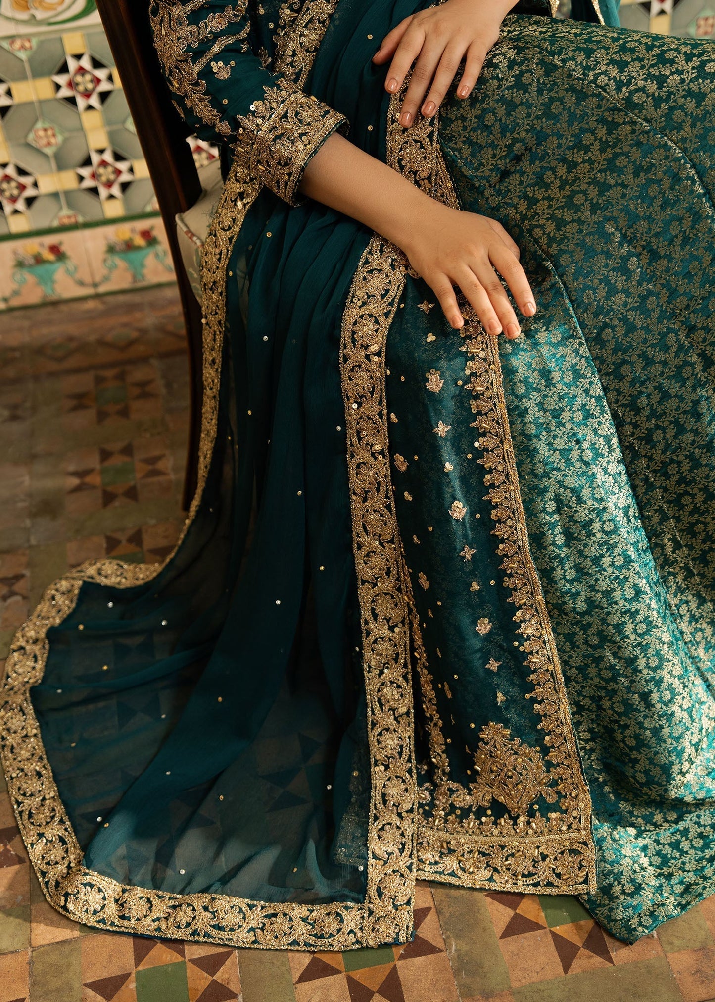 Teal Hand Cut Motif Chiffon Wedding Suit Online in Sri Lanka India Australia