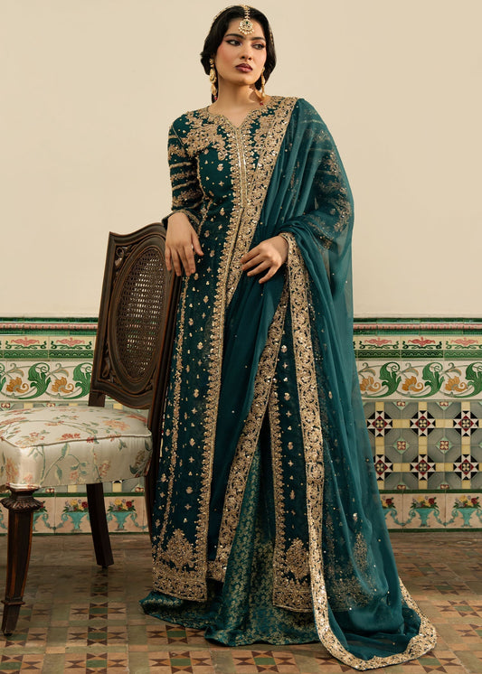 Teal Hand Embroidered Chiffon Peshwas with Dupatta Online in Sri Lanka India Australia