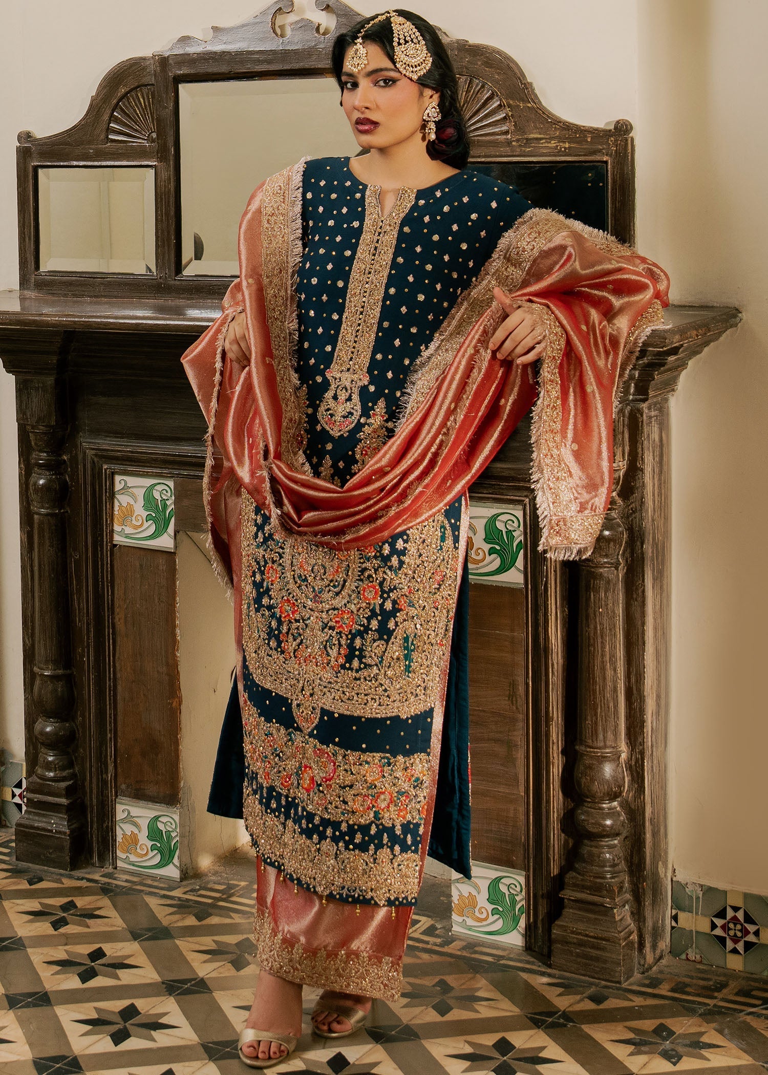 Teal Hand Embroidered Chiffon Three Piece Suit Online in Sri Lanka India Australia