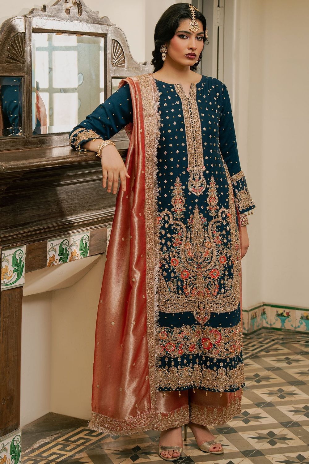 Teal Hand Embroidered Chiffon Wedding Suit Online in Dubai UAE Abudhabi Ajman Sharjah