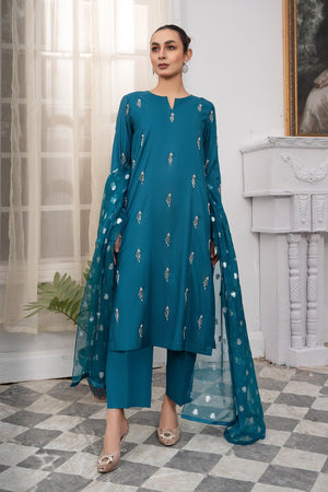 Teal Hand Embroidered Kattan Silk Partywear Suit Online in Dubai UAE Abudhabi Ajman Sharjah