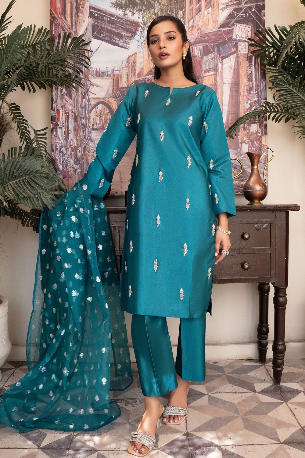 Teal Hand Work Kattan Silk Partywear Suit Online in Dubai UAE Abudhabi Ajman Sharjah