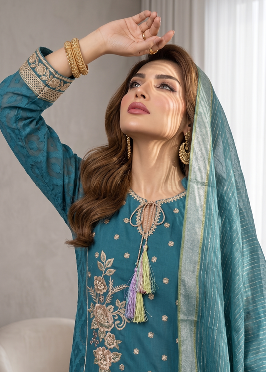Teal Jacquard Embroidered Pakistani Suit Online in Dubai DXB UAE Abudhabi Meena Bazaar