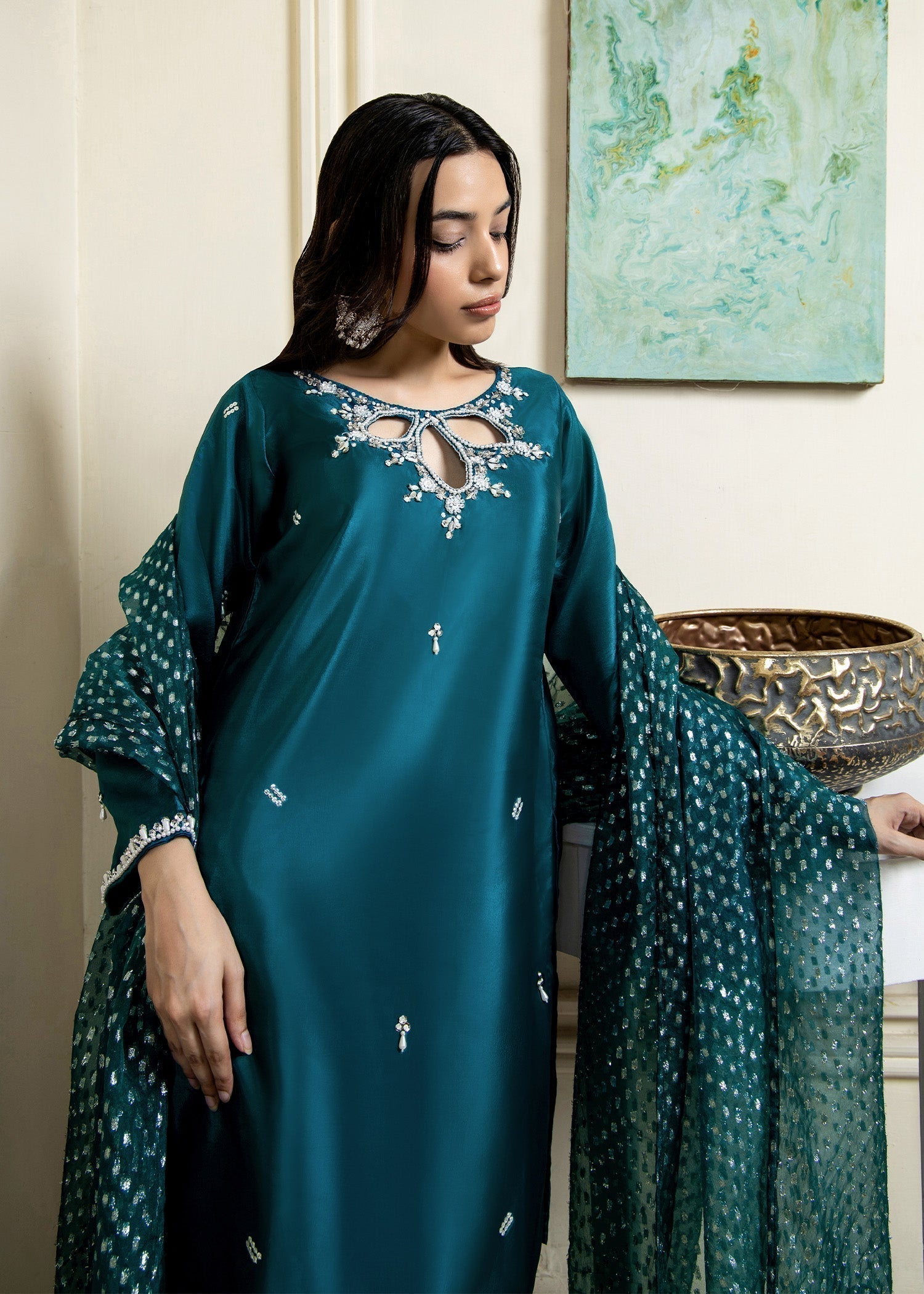 Teal Kattan Silk Party Wear Kurta Set Online in Dubai DXB UAE Abudhabi Meena Bazaar