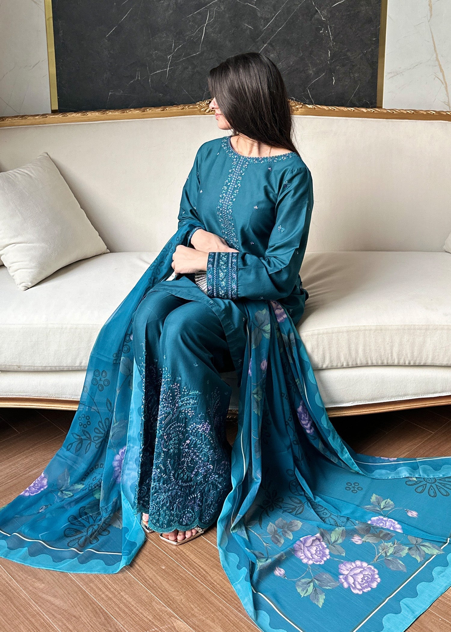 Teal Lawn Embroidered Festive Suit Online in Dubai UAE Abudhabi Ajman Sharjah