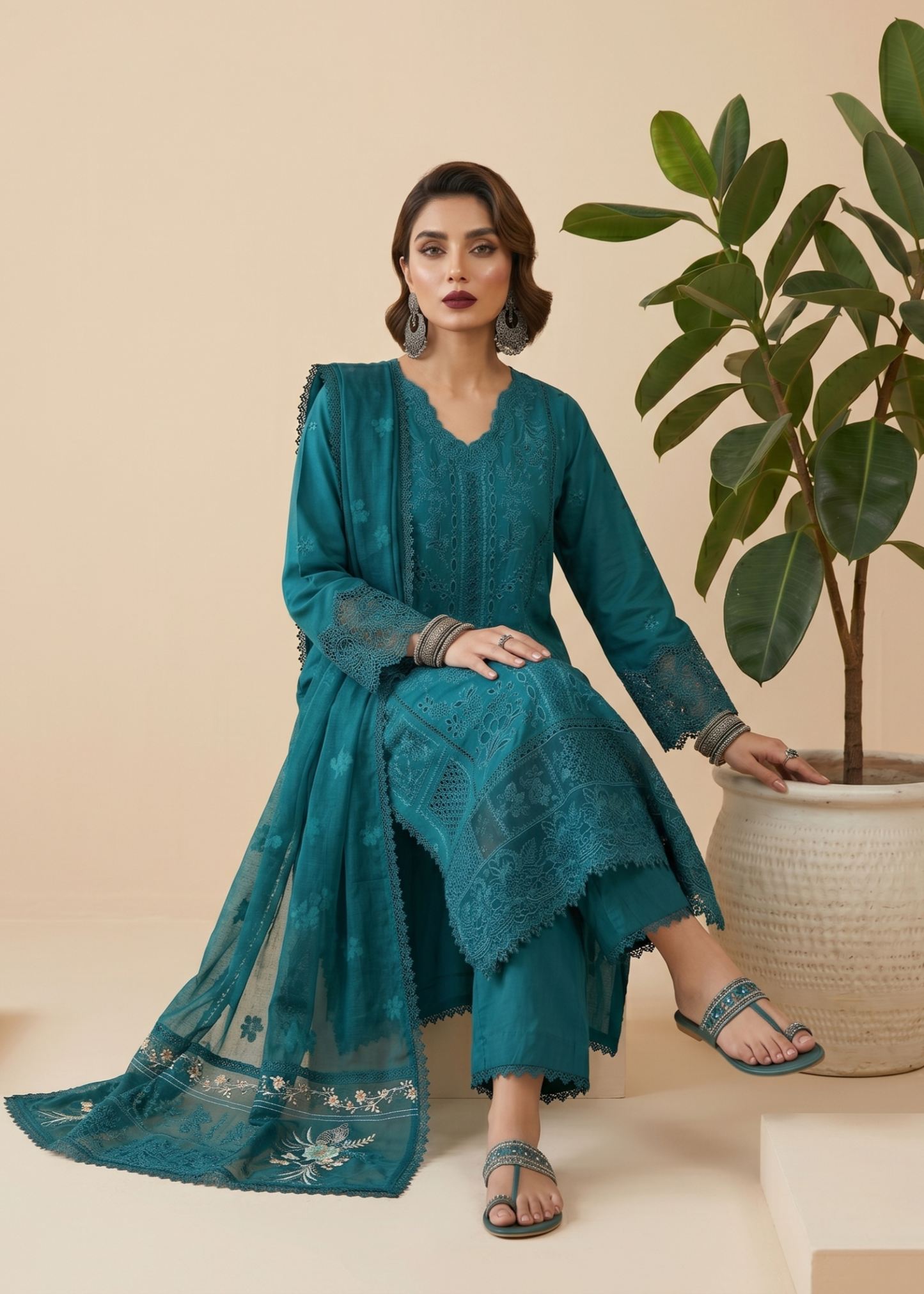 Teal Lawn Embroidered Party Wear Suit Online in UK USA Canada