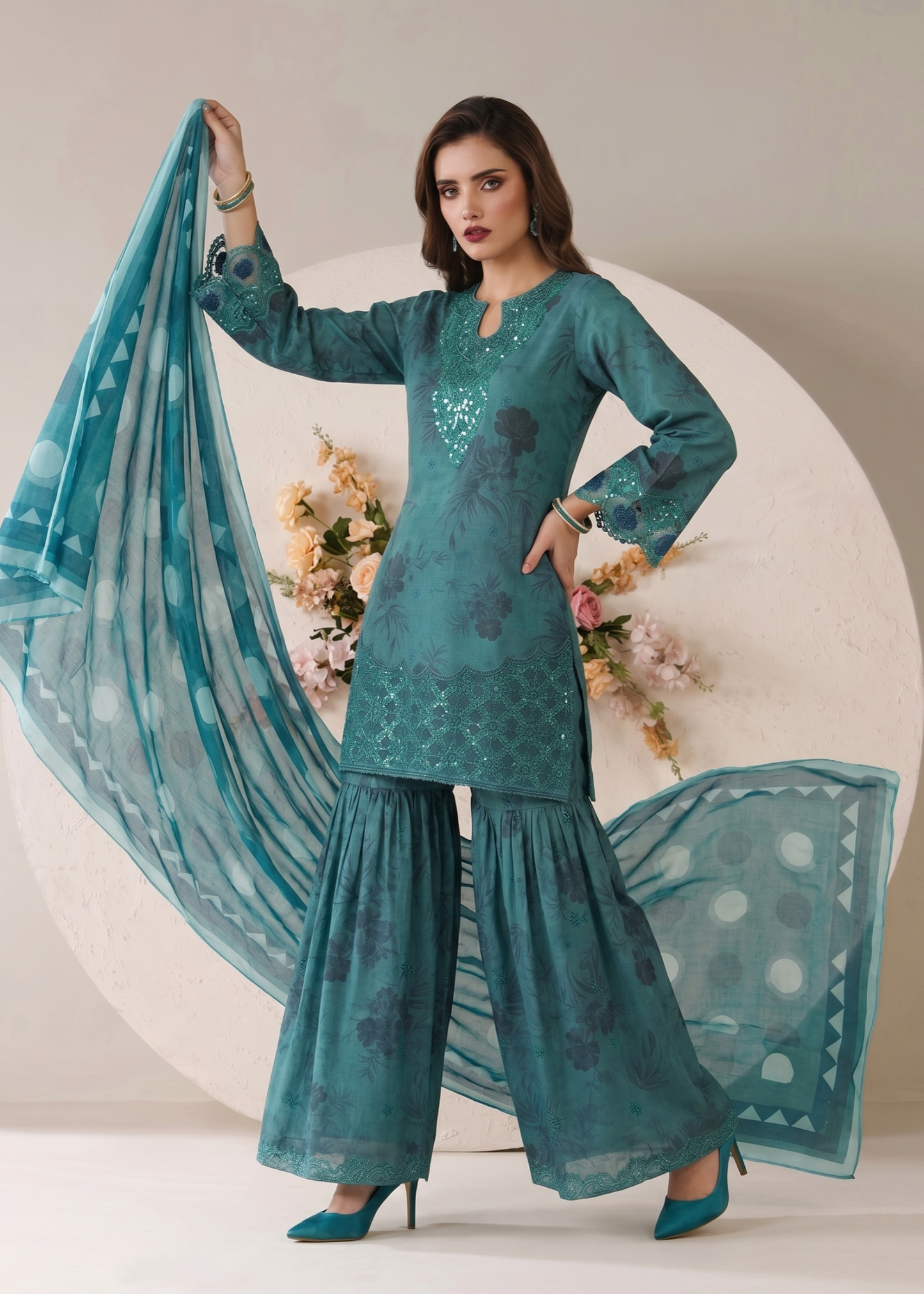 Teal Lawn Gharara Festive Wear Online in Sri Lanka India Australia