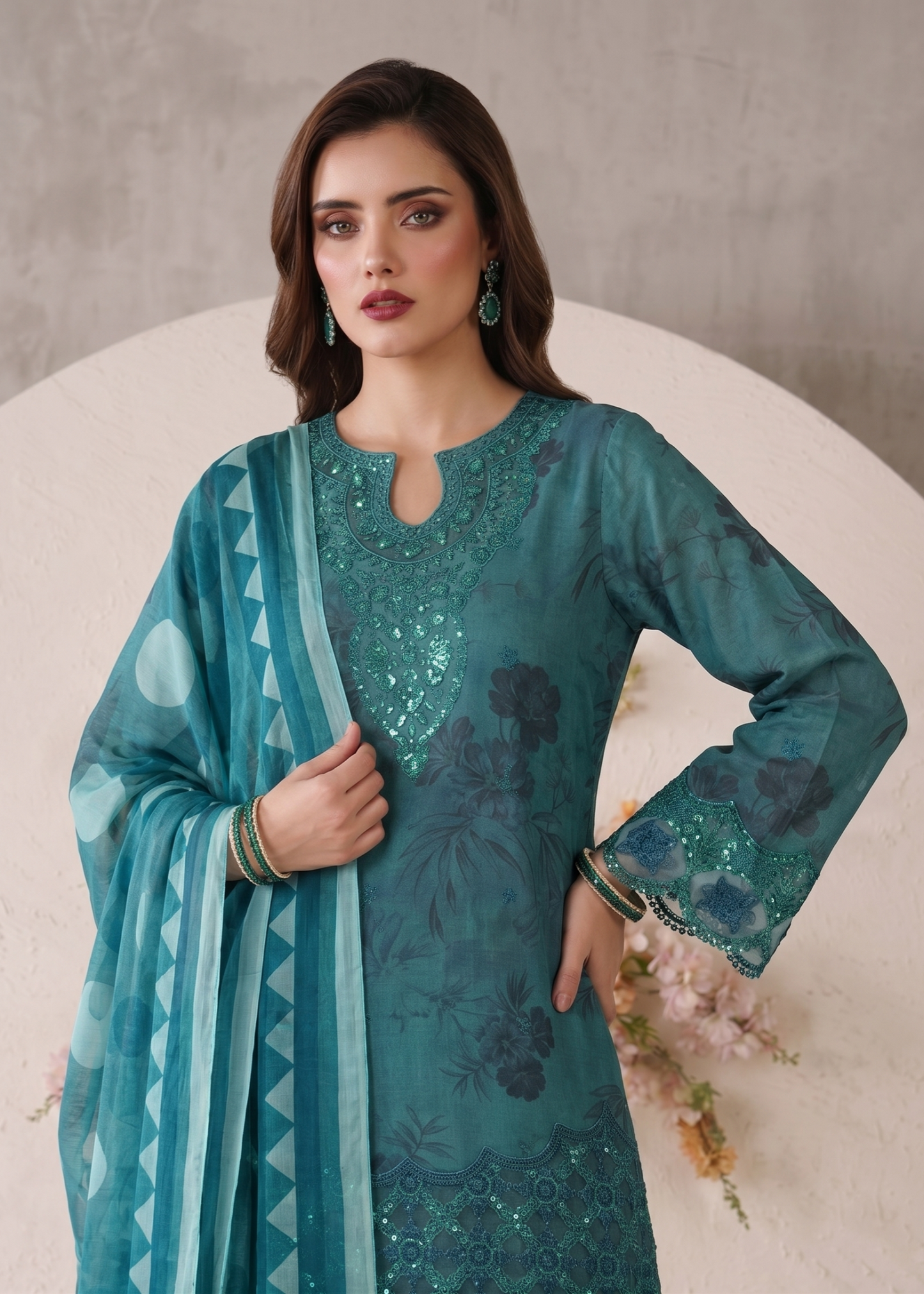 Teal Lawn Gharara Suit with Dupatta Online in Dubai DXB UAE Abudhabi Meena Bazaar