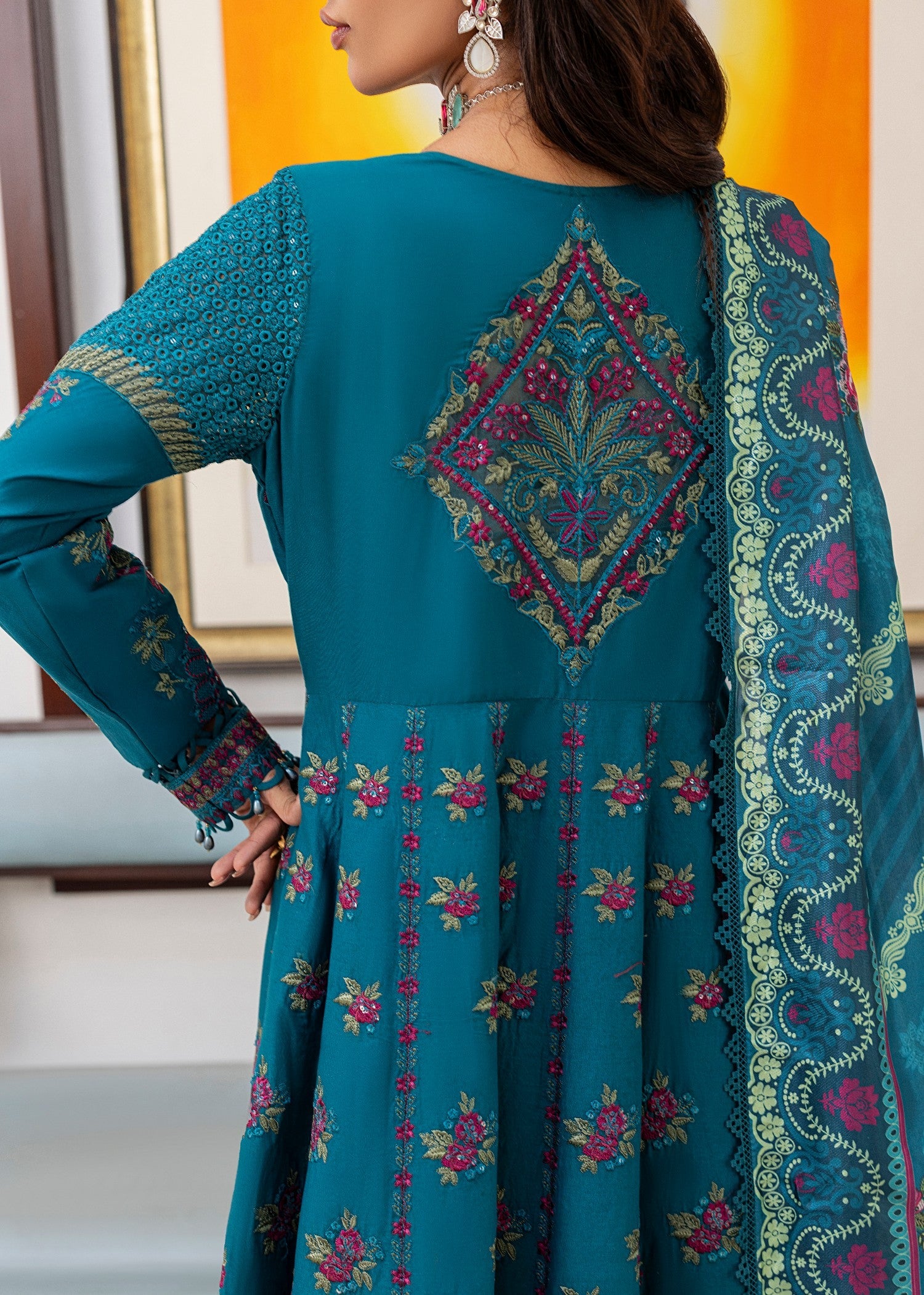Teal Lawn Printed Festive Salwar Suit Online in Dubai DXB UAE Abudhabi Meena Bazaar