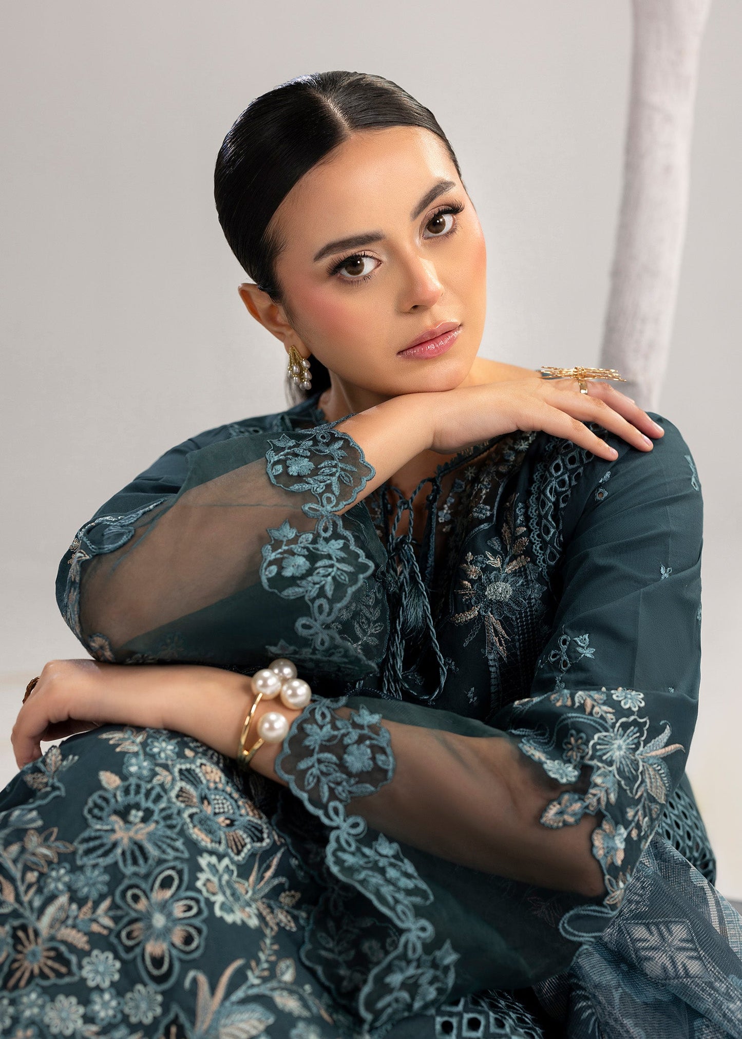 Teal Lawn Suit with Flared Trouser Online in Dubai DXB UAE Abudhabi Meena Bazaar