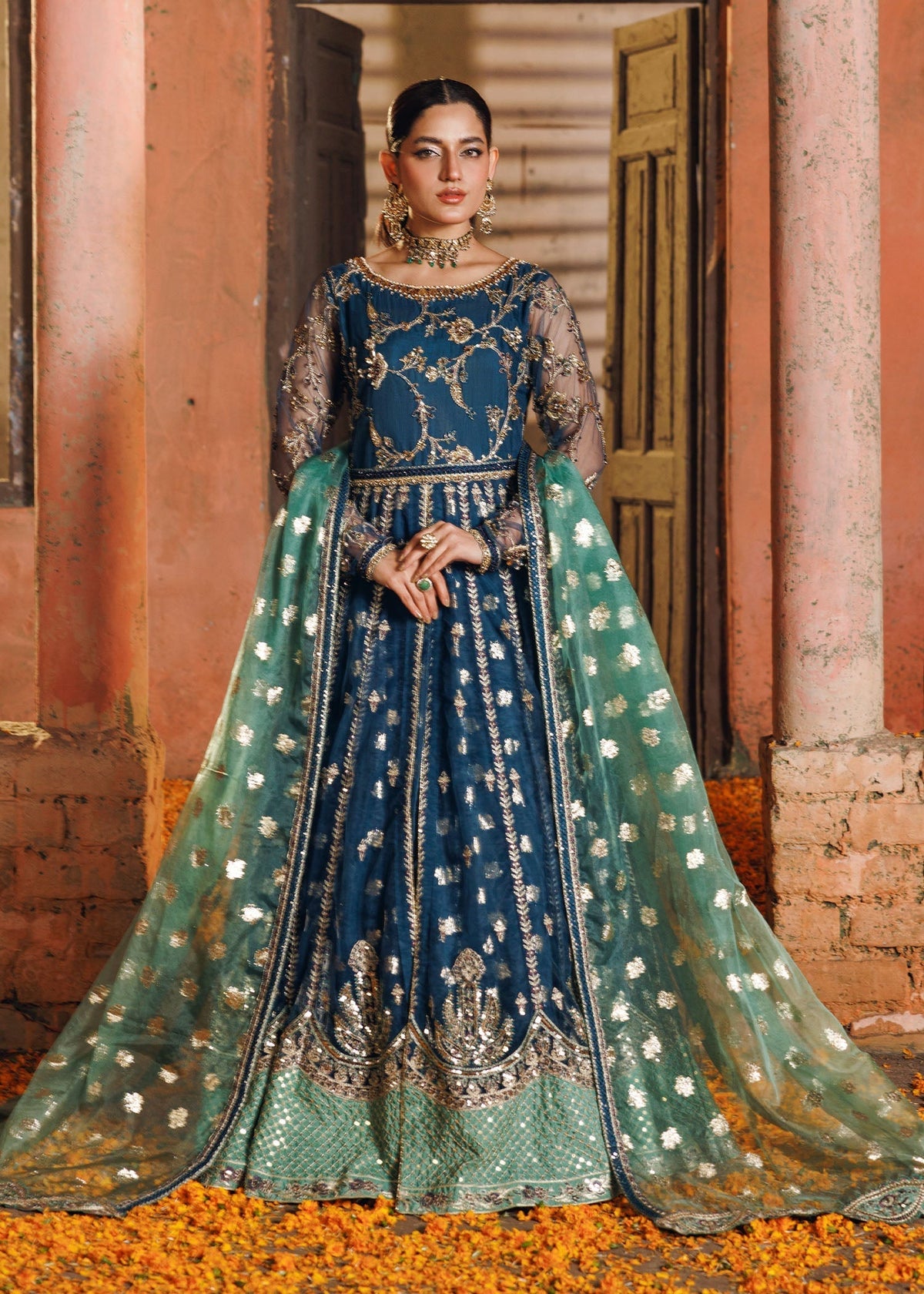 Teal Net Embroidered Salwar Kameez Online in KSA Riyadh Saudi Arabia Oman Bahrain Qatar