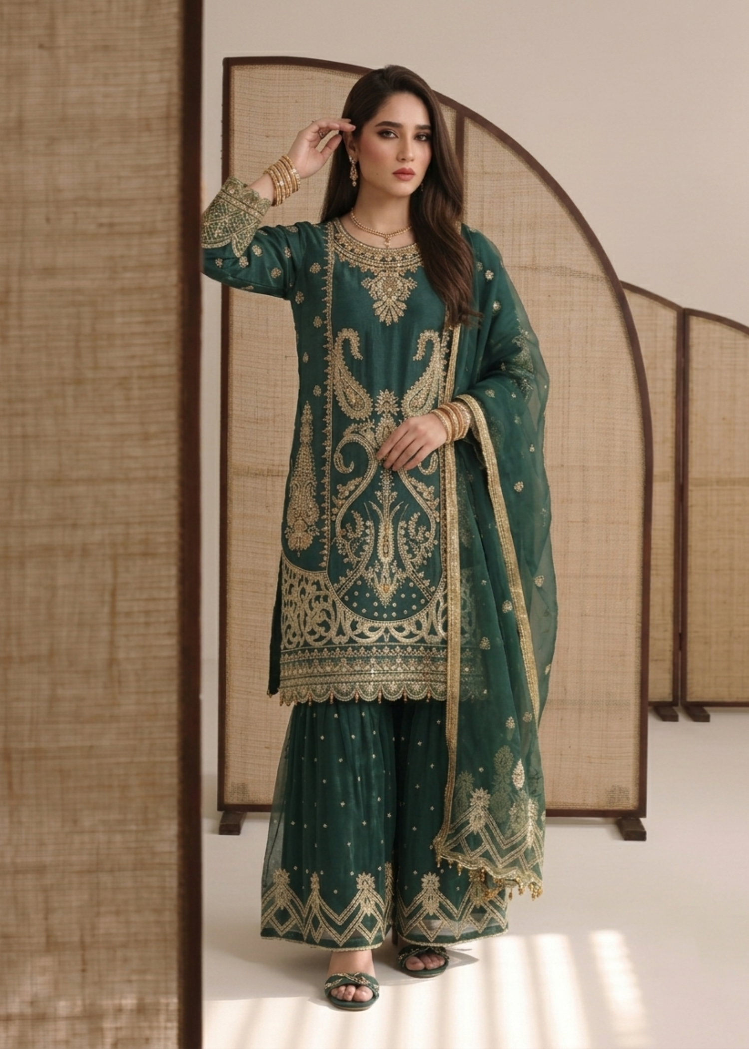 Teal Organza Embroidered Festive Gharara Online in KSA Riyadh Saudi Arabia Oman Bahrain Qatar