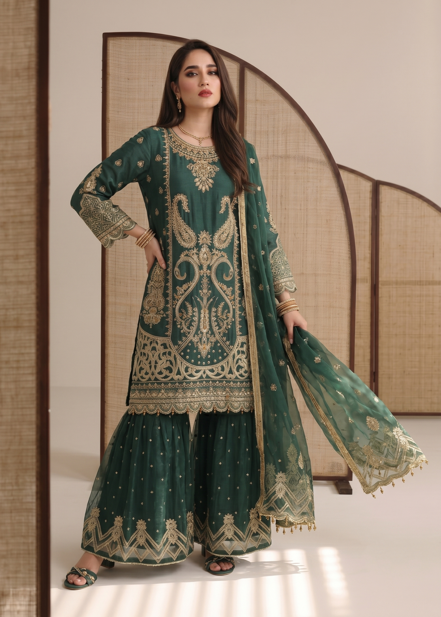 Teal Organza Embroidered Gharara Dupatta Online in Dubai DXB UAE Abudhabi Meena Bazaar
