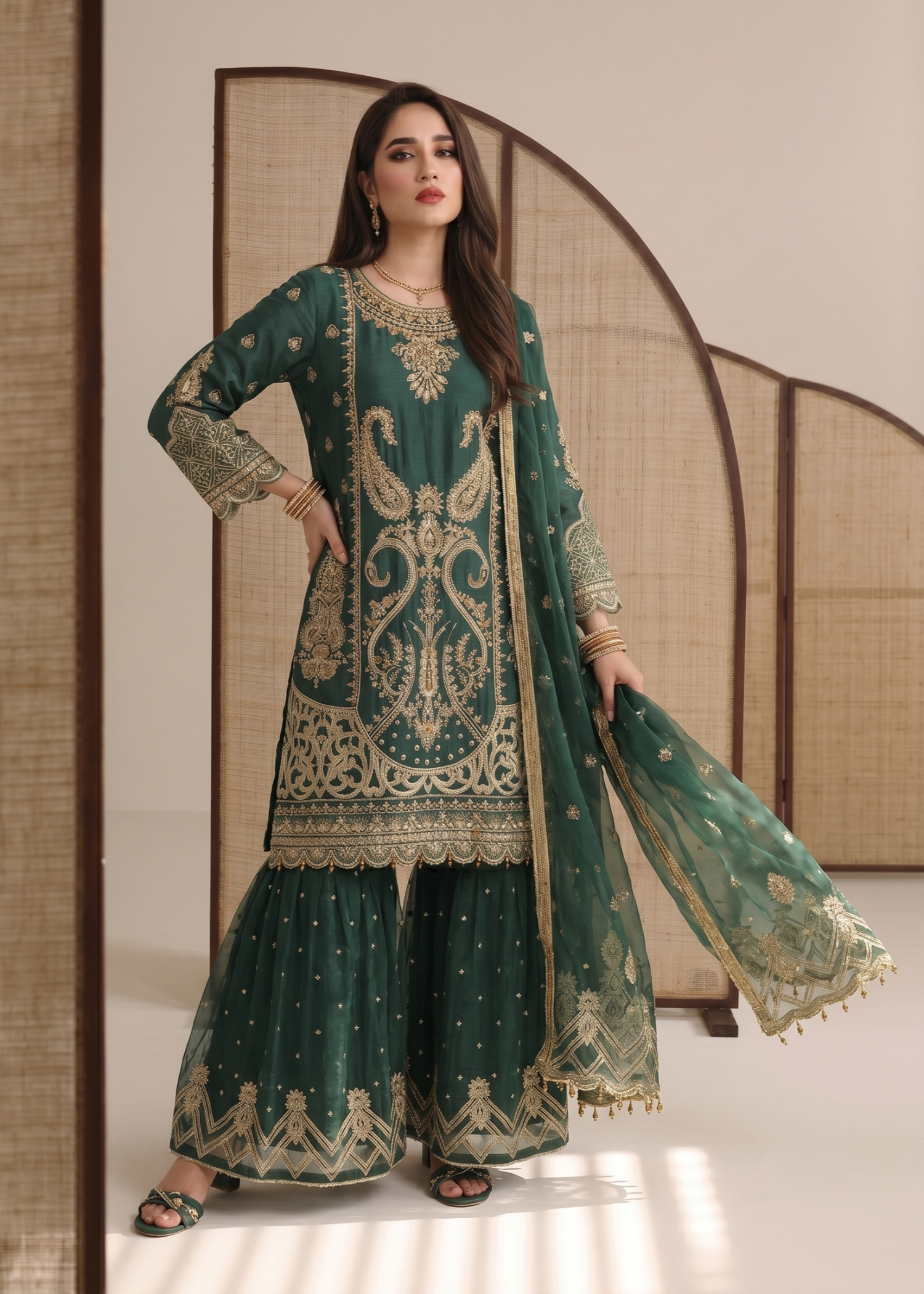Teal Organza Embroidered Gharara Dupatta Online in Dubai DXB UAE Abudhabi Meena Bazaar