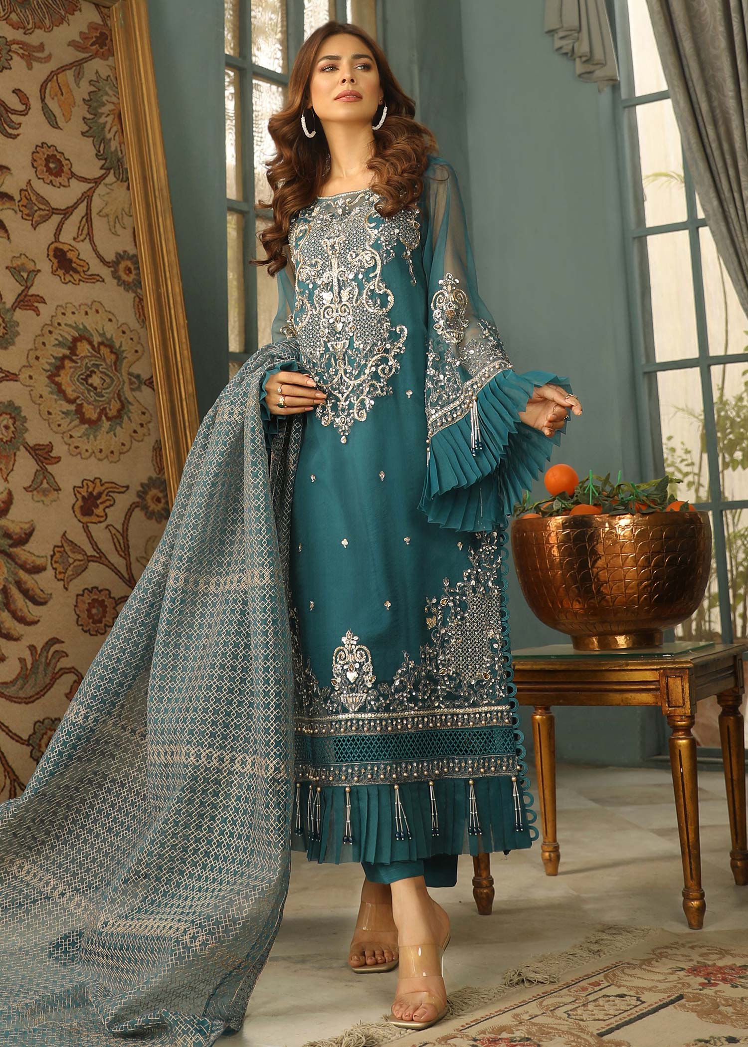 Teal Organza Pakistani Festive Suit Online in Dubai DXB UAE Abudhabi Meena Bazaar