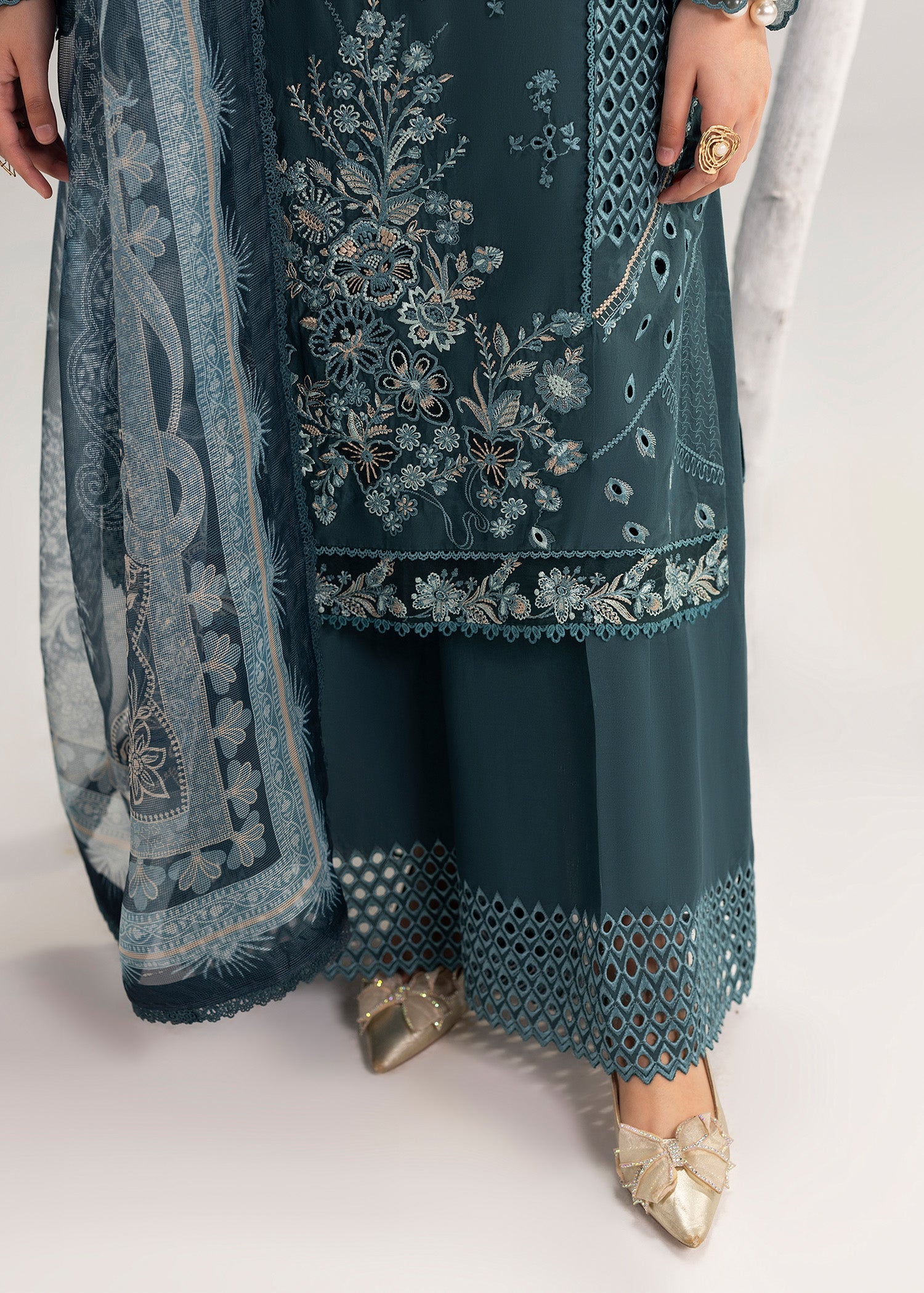 Teal Organza Patch Work Lawn Suit Online in Dubai DXB UAE Abudhabi Meena Bazaar