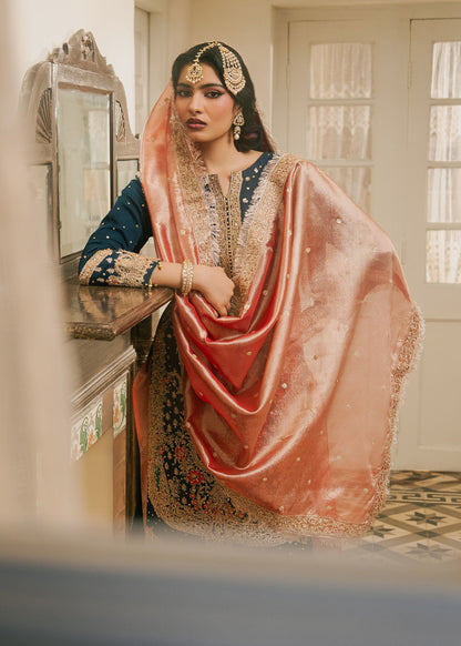Teal Peach Dupatta Embroidered Chiffon Suit Online in Dubai DXB UAE Abudhabi Meena Bazaar