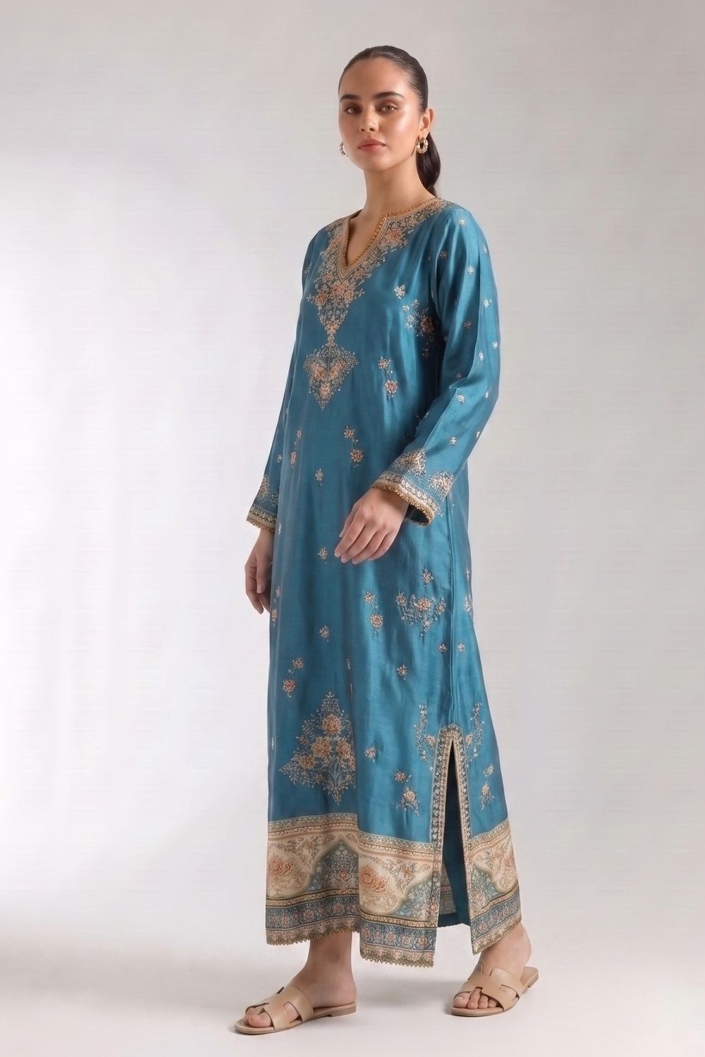 Teal Printed Silk Kaftan Online in Dubai UAE Abudhabi Ajman Sharjah
