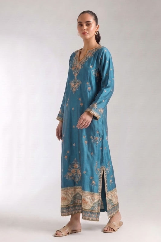 Teal Printed Silk Kaftan Online in Dubai UAE Abudhabi Ajman Sharjah