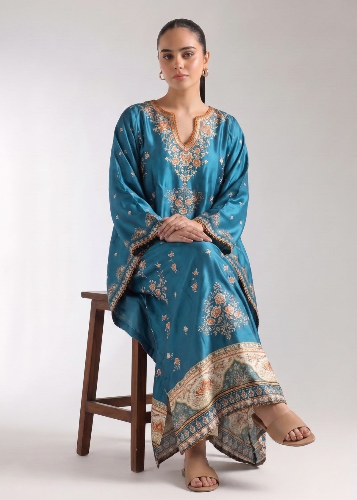Teal Printed Silk Long Kaftan Online in UK USA Canada