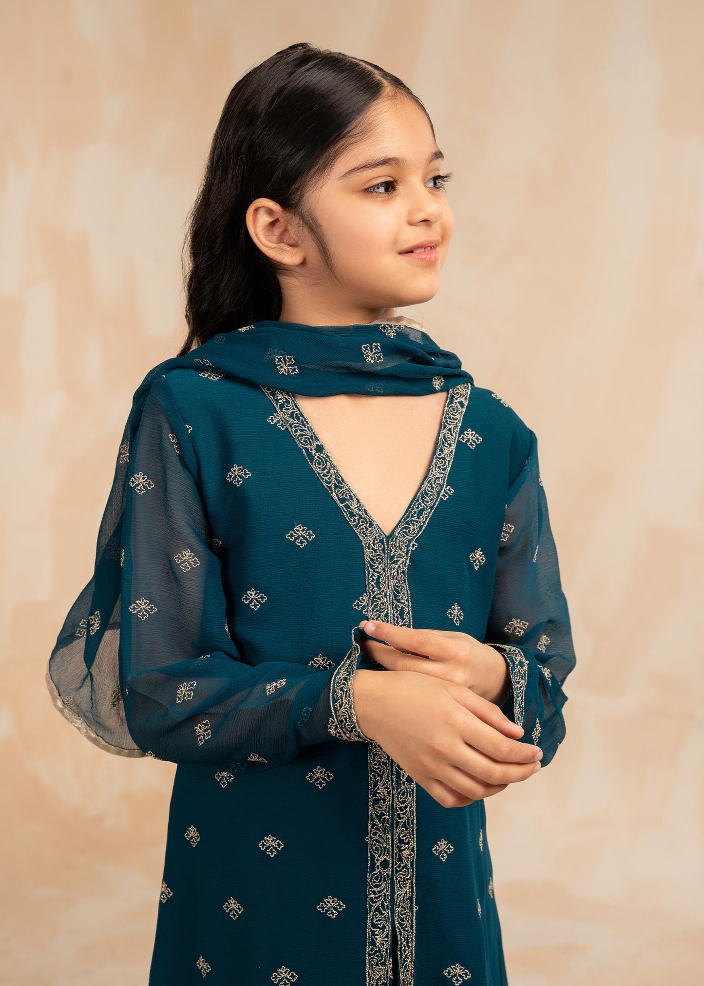 Teal Raw Silk Chiffon Embellished 3 Piece Suit Online in Sri Lanka India Australia