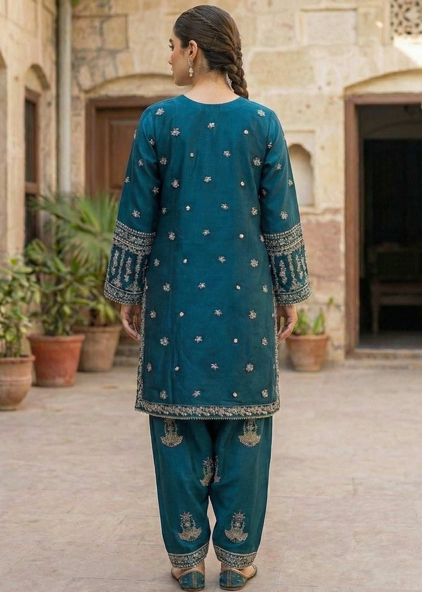 Teal Raw Silk Embroidered Farshi Shalwar Online in Dubai DXB UAE Abudhabi Meena Bazaar