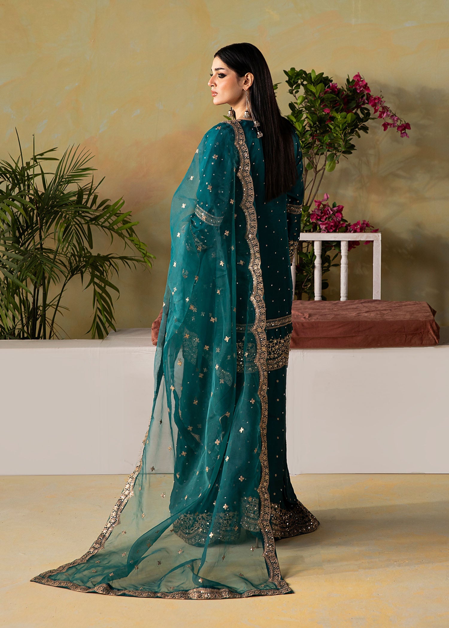 Teal Silk Charmeuse Embroidered Farshi Shalwar Ladies Suit Online in KSA Riyadh Saudi Arabia Oman Bahrain Qatar