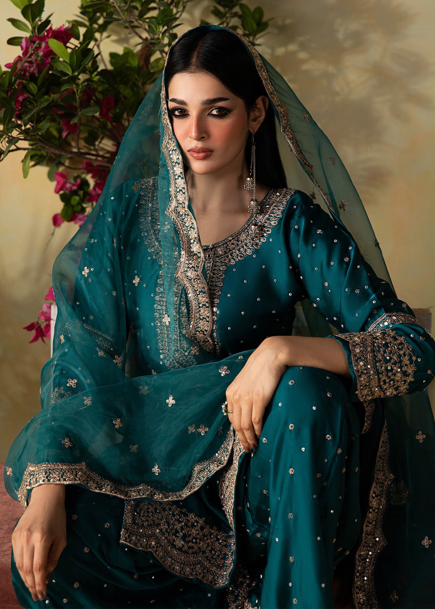 Teal Silk Charmeuse Embroidered Salwar Kameez Online in UK USA Canada