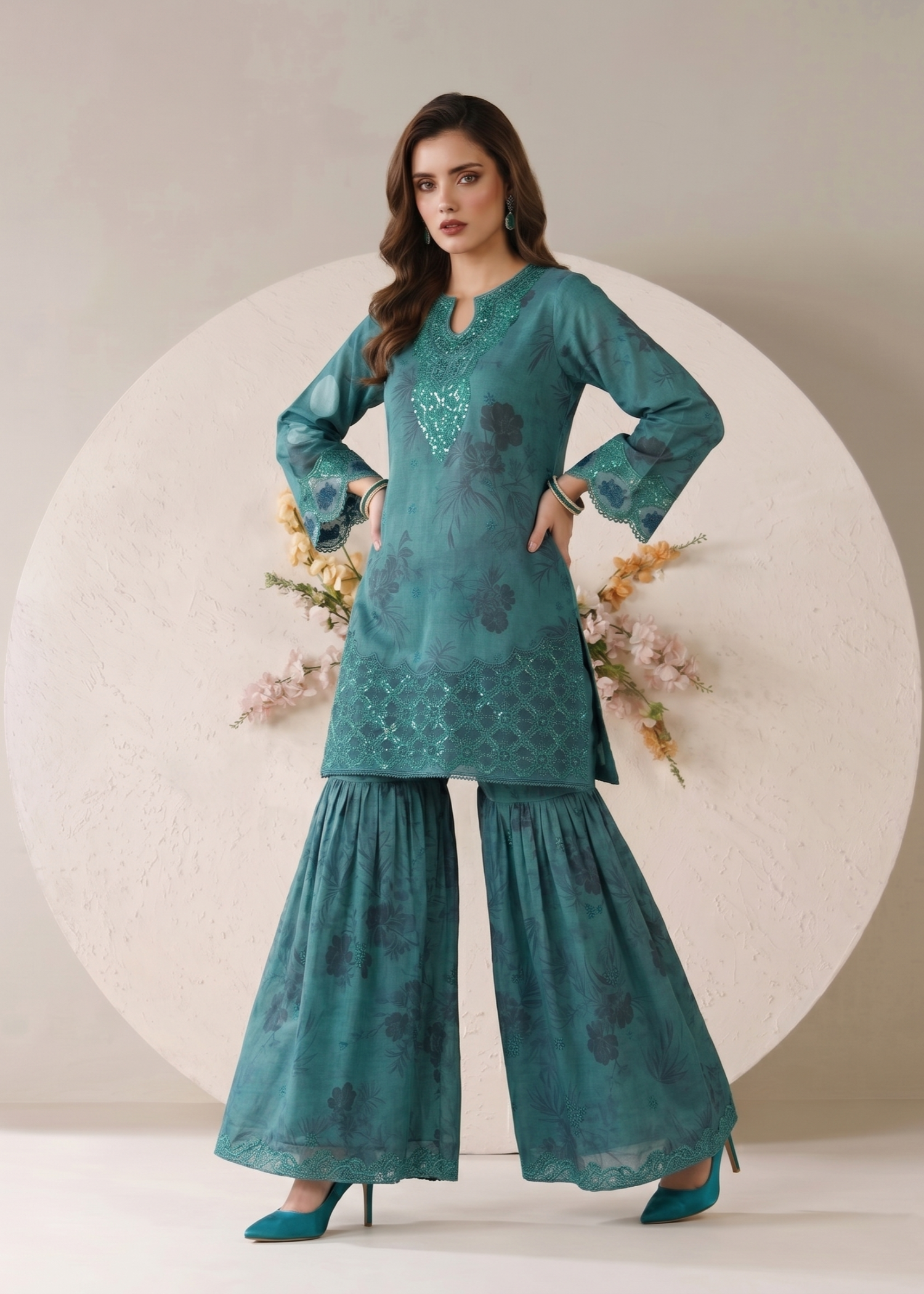Teal Silk Dupatta Lawn Gharara Suit Online in Dubai UAE Abudhabi Ajman Sharjah