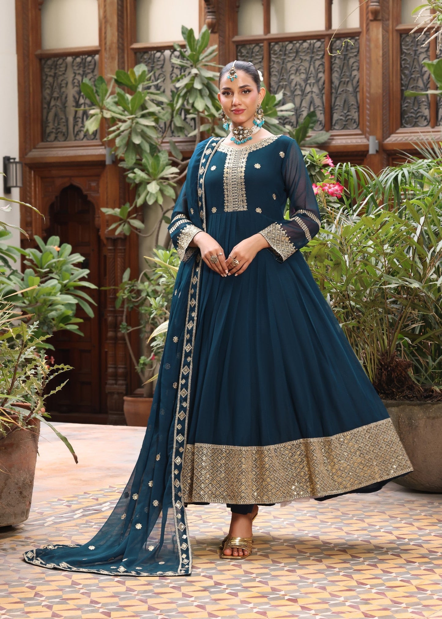 Teal Slim Fit Flared Pishwas Shalwar Kameez Online in Dubai DXB UAE Abudhabi Meena Bazaar