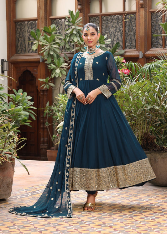 Teal Slim Fit Flared Pishwas Shalwar Kameez Online in Dubai DXB UAE Abudhabi Meena Bazaar