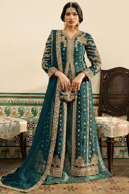 Teal Zardozi Embroidered Chiffon Farshi Peshwas Online in Dubai UAE Abudhabi Ajman Sharjah