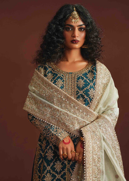 Teal Zari Net Wedding Guest Wear Suit Online in Sri Lanka India Australia